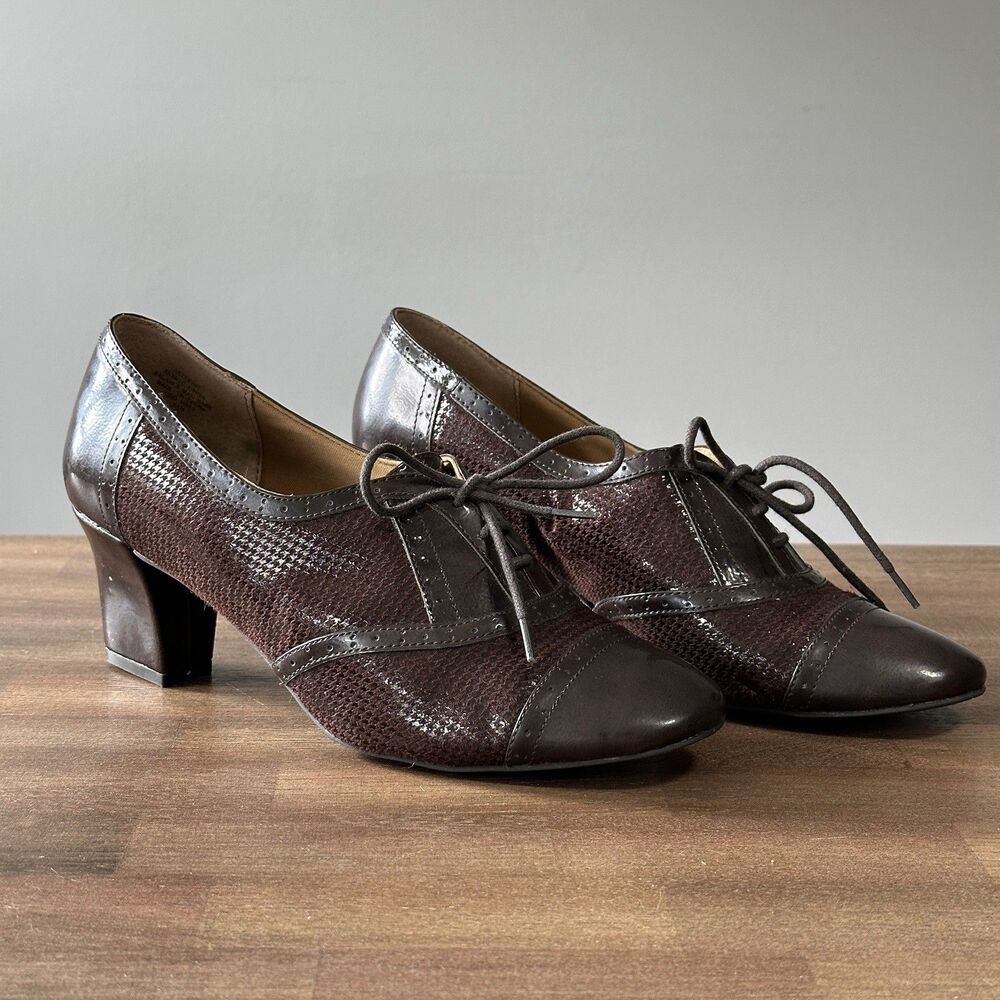 Vtg Lace Up Oxford Heeled Bootie 8.5 Brown Houndstooth Victorian Witchy 90s Y2K